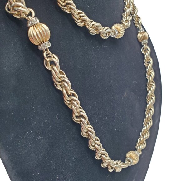 Vtg Signed Eisenberg Gold Tone Necklace Twist Chain Rhinestone Beads 50" Chunky - Picture 4 of 11